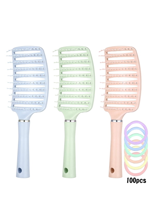3 Pcs Detangling Brush with 100 Hair Ties, Curved Vented Styling Hair Brush with Seamless Spring Ties, Women Fast Blow Drying Brush for Wet Dry Curly Straight Thick Hair
