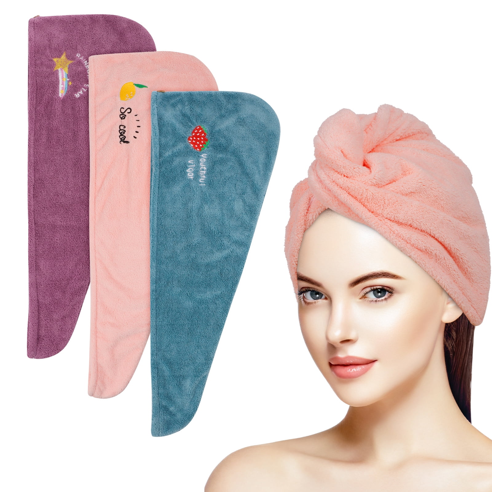 Abaima 3 Pcs Hair Towel Wrap with Button, Rapid Drying Soft Microfiber