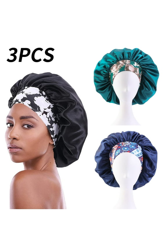3 Pcs Satin Hair Bonnet For Sleeping, Sleeping Bonnet With Printed Wide Headbands Red Black Blue Satin Caps For Women Large Bonnet Hairwrap Slumber Caps