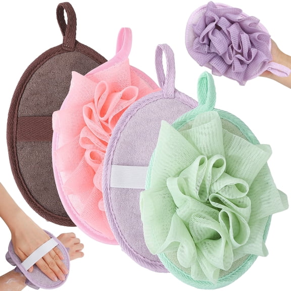 Abaima 4 Pack Dual-Sided Loofah Sponge Body Scrubber, Terry Cloth Exfoliating SPA Wash Scrubber with Hanging Rope, Oval Flat Bath Accessories for Women and Men, Coffee, Green, Pink, Purple