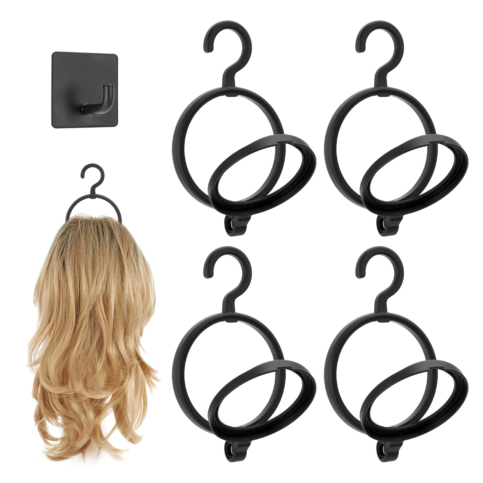 Abaima 4 Pack Hanging Wig Stand with 1 Adhensive Hook, Premium Wig