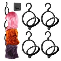 Abaima 4 Pack Hanging Wig Stand with 1 Adhensive Hooks, Premium Wig Hanger for Multiple Wigs for Display, Storage, Styling, Portable Wig Stands Keep the Wig in Shape(Black)