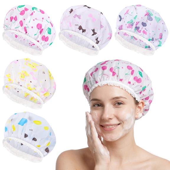 Abaima 5-Pack Women's Reusable EVA Shower Caps, Waterproof Elastic Bath Hair Caps, Cute Prints