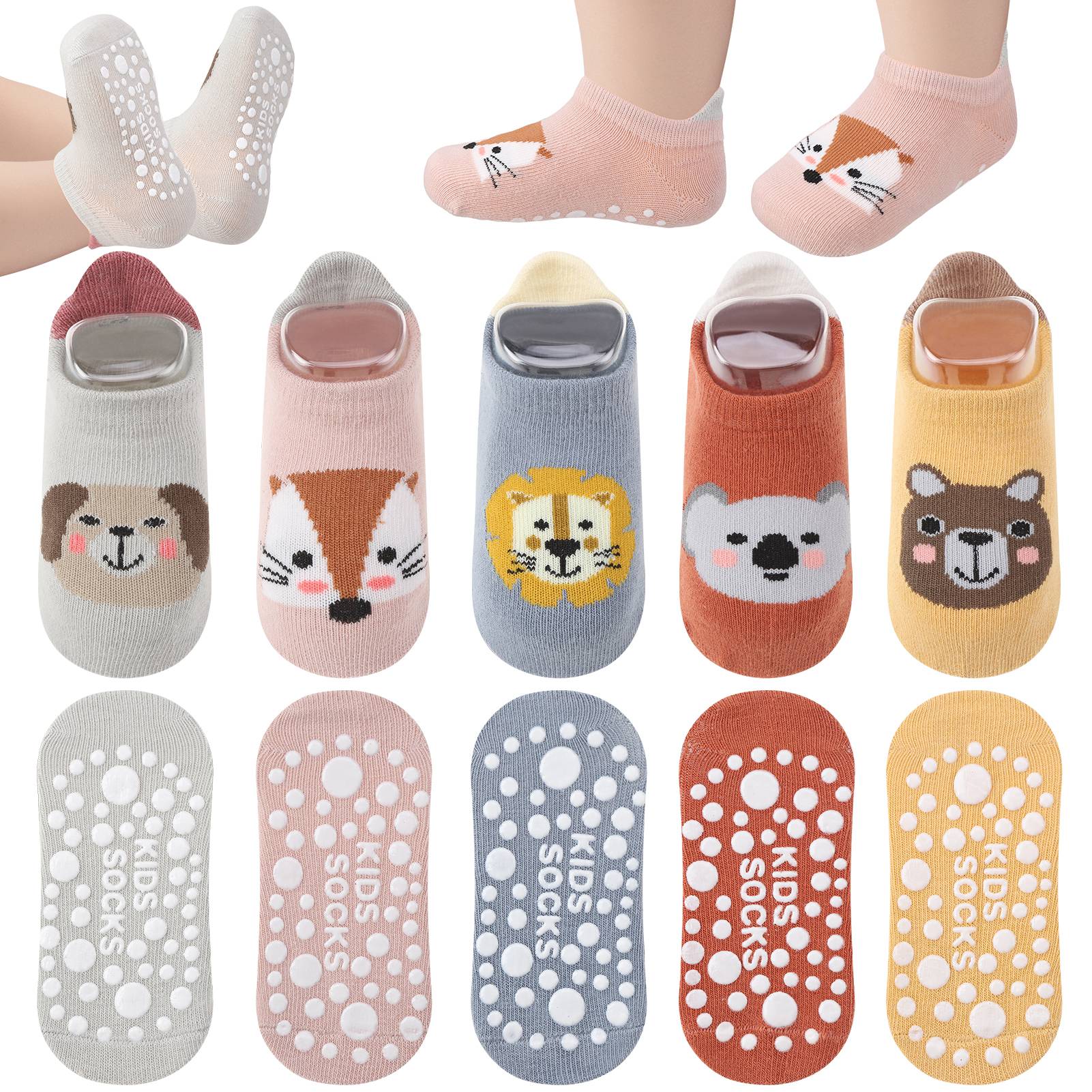 Abaima 5 Pairs Non Slip Socks Toddler Kids Animal, Baby Ankle and Crew ...