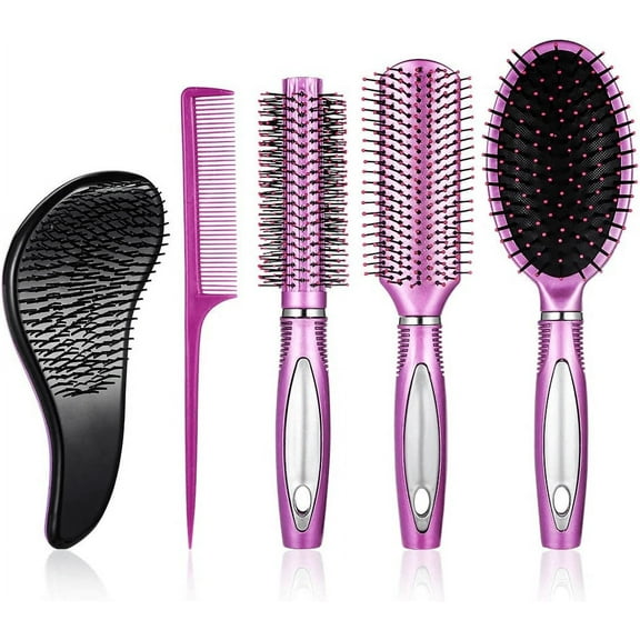 Abaima 5 Pieces Hair Brush Comb Set Detangling Paddle Brush Round Hair Tail Comb Wet Dry Brush for Women Men Hair Styling(Purple)