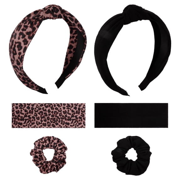Abaima 6 PCS Hair Accessory Set for Women, Elastic Leopard Hair Bands, Soft Knotted Hair Scrunchies, Stylish Wide Headbands, Makeup Headwear Accessories (Black, Leopard)