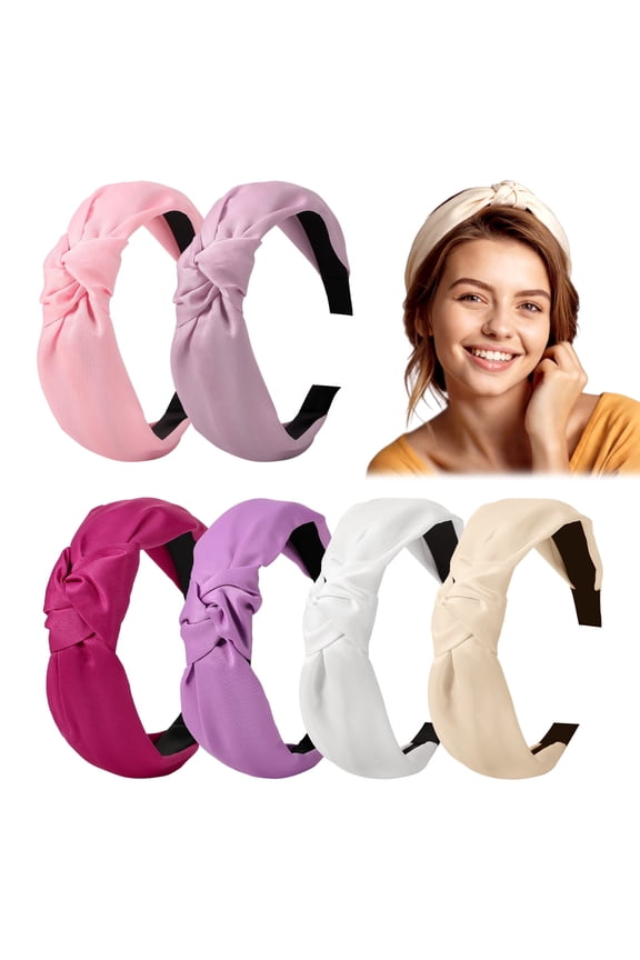 6 Pack Satin Knot Headbands for Women, Wide Crossover Turban Hair Bands, Soft & Stretchy for Face Washing Skincare Makeup, White/Purple/Pink