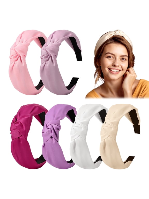 6 Pack Satin Knot Headbands for Women, Wide Crossover Turban Hair Bands, Soft & Stretchy for Face Washing Skincare Makeup, White/Purple/Pink