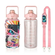 Abaima 64 Oz Motivational Water Bottle, 2L Water Bottle with Sleeve and Adjustable Strap, Half Gallon Large Water Jug with Straw and Time Marker, BPA Free Water Bottle Leak Proof, Easy Carry with Phone, Keys Storage(Pink)