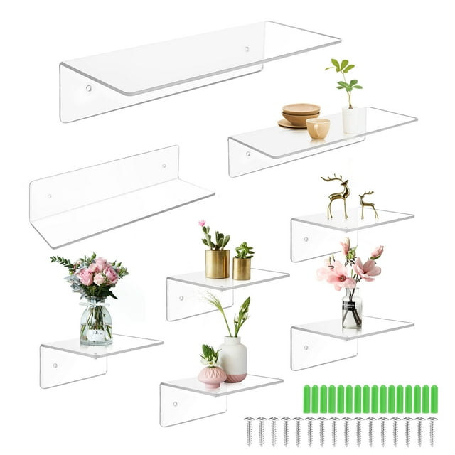 Abaima 8 Pcs Acrylic Floating Shelves, Clear Wall Mounted Floating