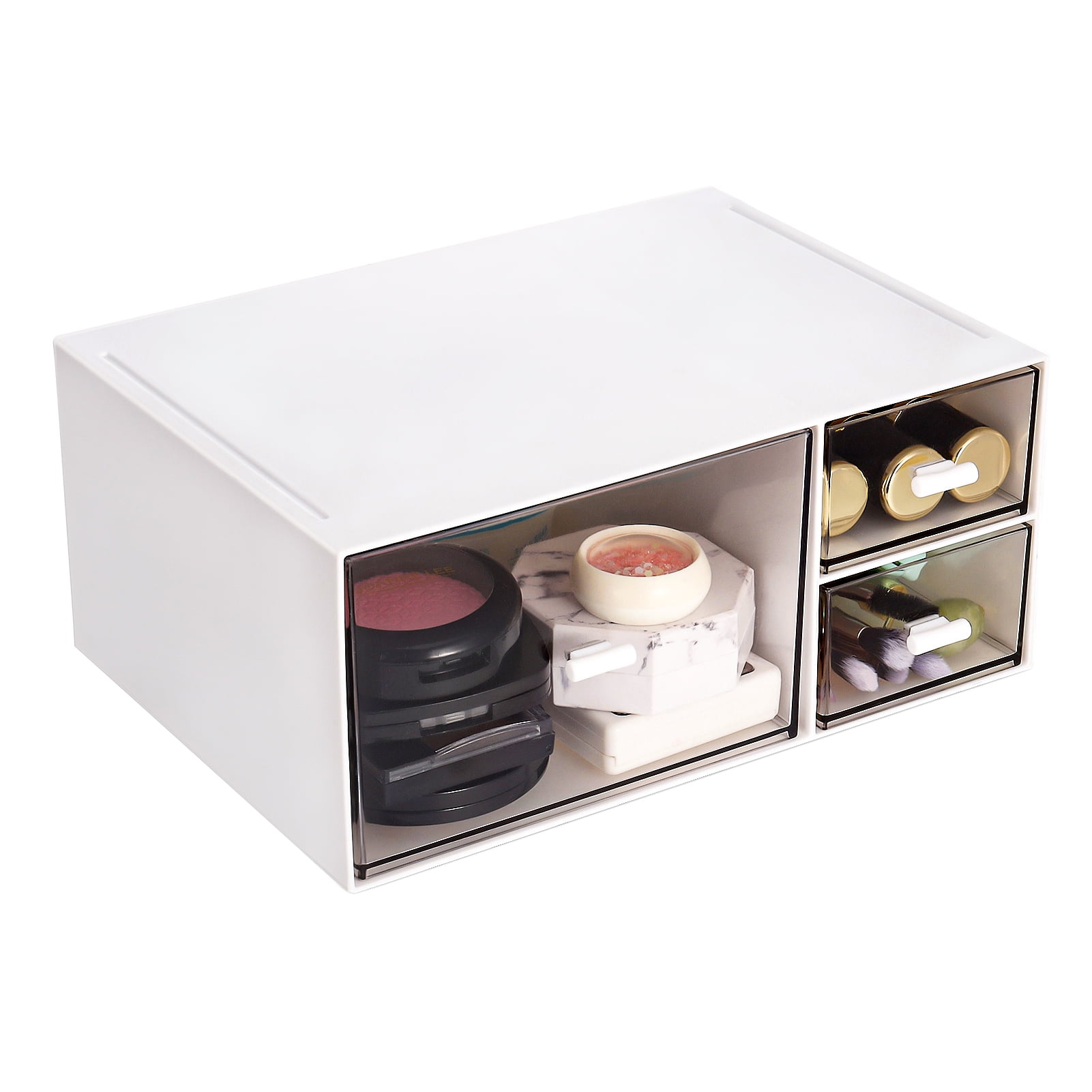 New Deflecto Stackable Caddy Organizer w/ S, M & L Containers, White Caddy, Clear Containers,Each
