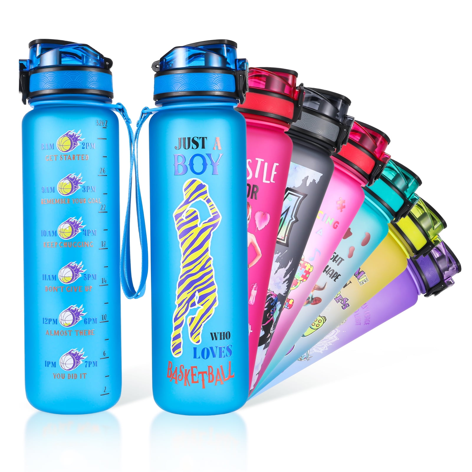 Abaima Motivational Water Bottle 32 oz with Time Marker, Funny Printed Leakproof Water Jug for Who Loves Basketball Wide Mouth, Leakproof, BPA Free(Basketball)