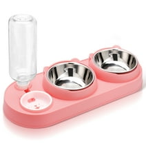 Abaima Stainless Steel Cat Bowl Double Feeders, 3 in 1 Tilted Raised Cat Bowl with Water Bottle, Triple Cat Food Bowls, Whisker Friendly Pet Feeding Bowls for Cat Small Dog(Pink)