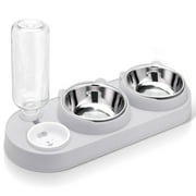 Abaima Stainless Steel Cat Food Bowl and Water Bowl Set, 3 in 1 Tilted Raised Cat Food Bowls for Indoor Cats, Whisker Friendly Cute Cat Bowl Double Feeder and Automatic Waterer