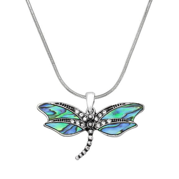 Falari Dragonfly Pendant Necklace with Green Abalone Shell, Rhinestone Crystal, Rhodium High Polished