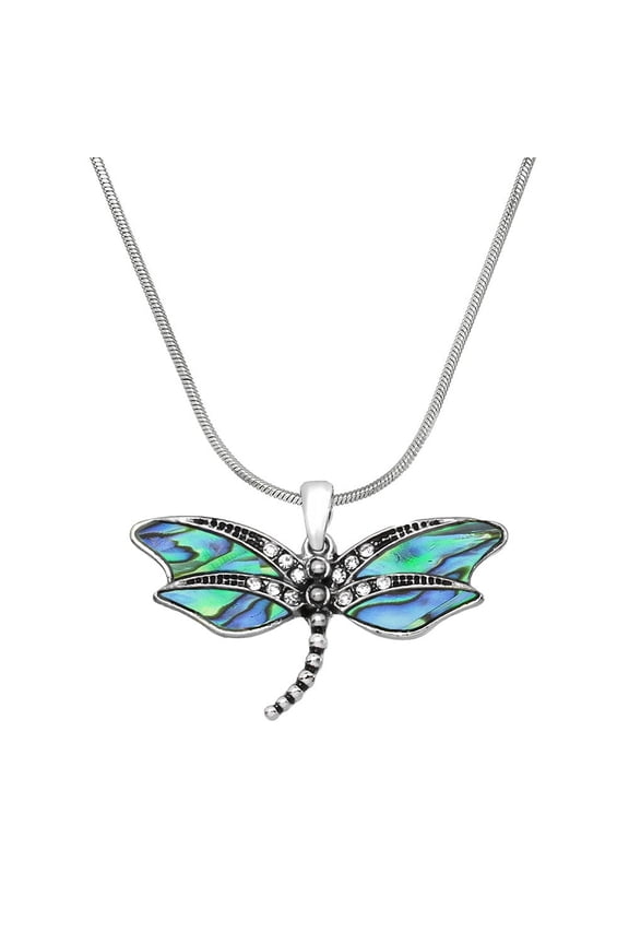 Dragonfly Pendant Necklace with Green Abalone Shell, Rhinestone Crystal, Rhodium High Polished