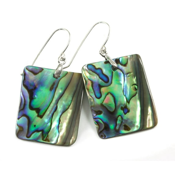 Abalone Earrings Mother of Pearl Paua Shell Peacock Blue Green Simple Rectangle MOP Drops Sterling Silver Spyglass Designs