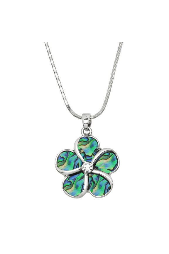 Abalone Flower Pendant Necklace Rhodium High Polished J0439