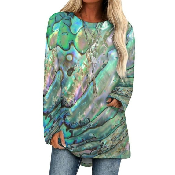 Abalone Print Lotus Leaf Neck T-Shirt Long Sleeve T-Shirts For Women Spring And Autumn Tee Ocean Sea Shells Abalone Patterns