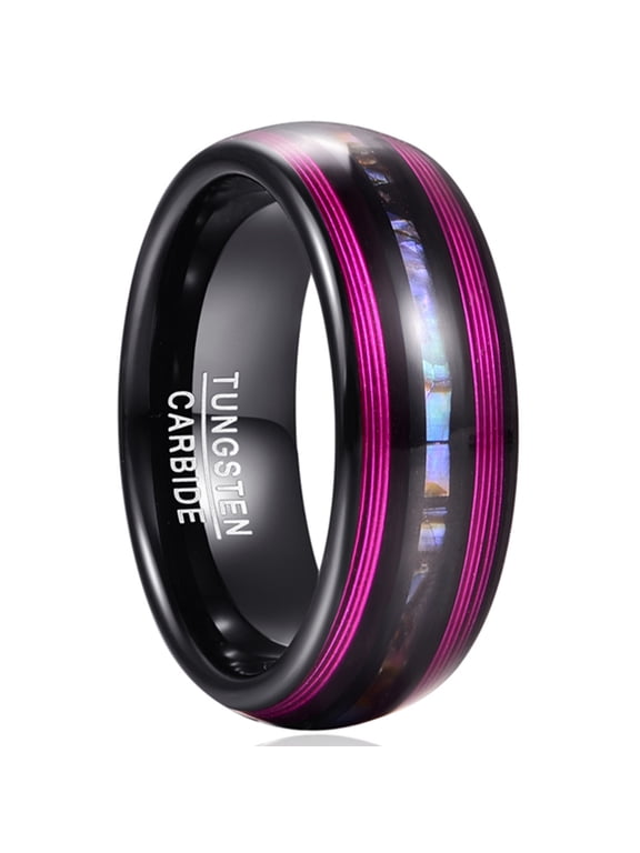 Abalone Shell Black Tungsten Carbide Wedding Band with Red Guitar String Inlay Dome Style Rings