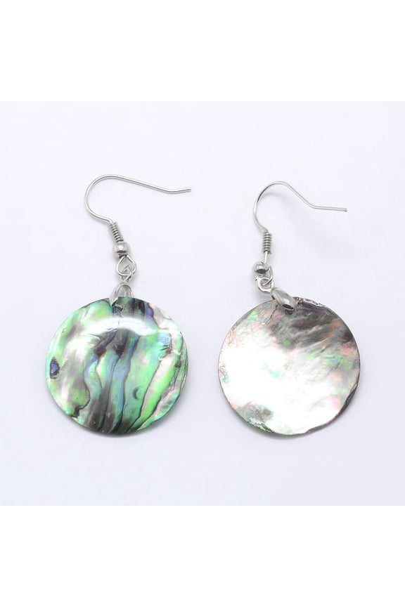 Abalone Shell Flat Round Dangle Earrings with Platinum Plated Brass Ear Hooks 47mm Pin: 0.8mm