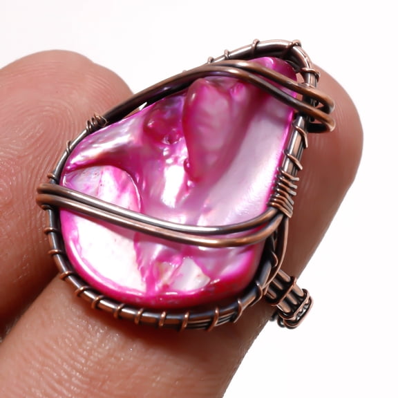 Abalone Shell Gemnstone Ring Handmade Gift Wire Wrap Copper Jewelry 7.25" CR 328