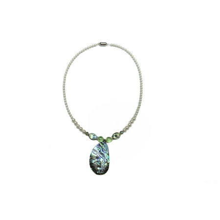 Abalone Shell, Glass Beads, Crystals and White Magnetic Hematite Rounds Necklace