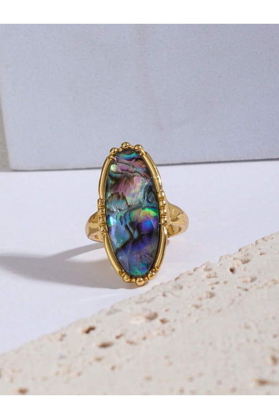 Abalone Shell Goldtone Statement Ring With Iridescent Inlay For Women Elegant Daily Wear