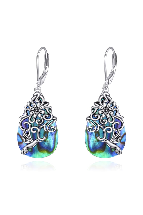 Abalone Shell Hummingbird Bird Filigree Teardrop Drop Dangle Earrings Sterling Silver Vintage Beach Boho Leverback Earrings Jewelry
