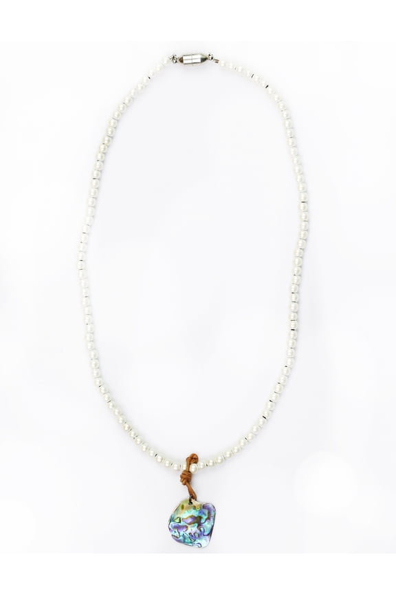 Abalone Shell, Leather and White Magnetic Hematite Necklace