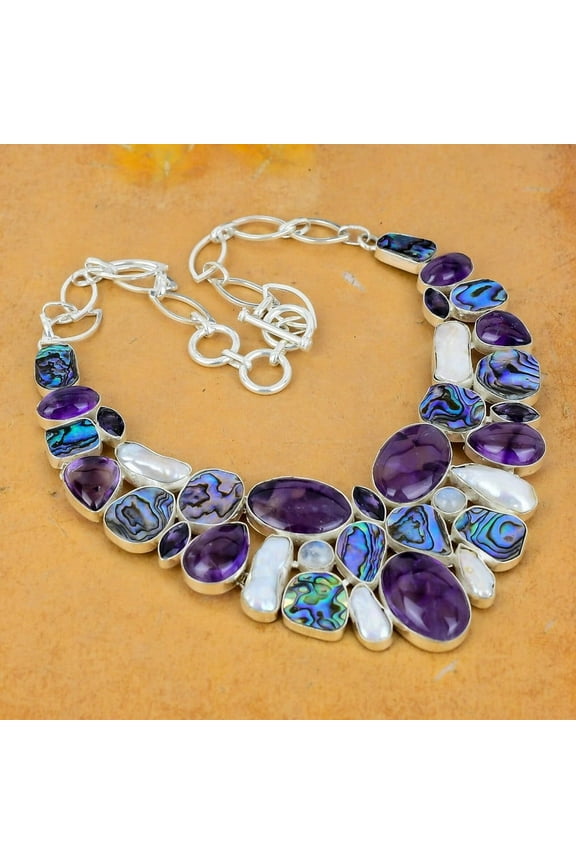 Abalone Shell, Moonstone, Pearl & Amethyst Necklace  Natural Gemstones in Handmade 925 Sterling Silver Jewelry