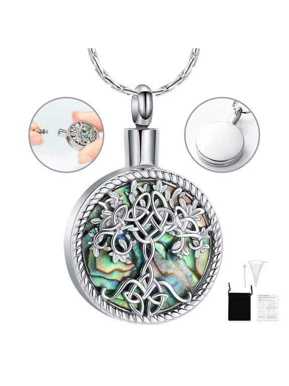 Abalone Shell/Opal Tree of Life with Celtic Knot Cremation Jewelry for Ashes for Women Men Ash Urn Neckless Lockets for Ashes of Loved One