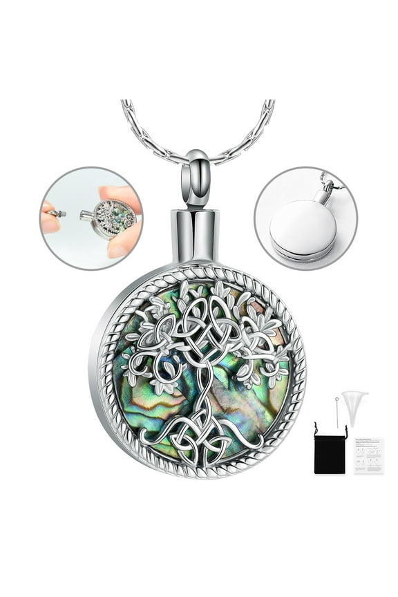 Abalone Shell/Opal Tree of Life with Celtic Knot Cremation Jewelry for Ashes for Women Men Ash Urn Neckless Lockets for Ashes of Loved One