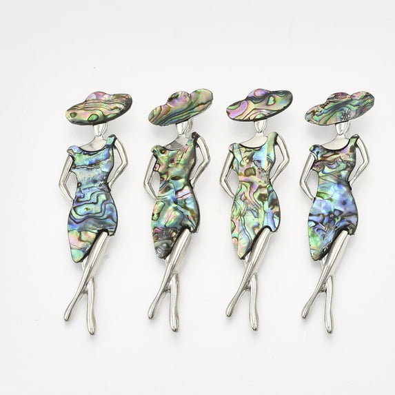 Abalone Shell/Paua Shell Brooches/Pendants with Alloy Findings and Resin Bottom Woman Platinum Colorful 81x25x10.5mm Hole: 6.5x5mm Pin: 0.6mm