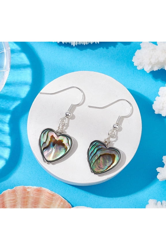 Abalone Shell/Paua Shell Dangle Earrings wit Brass Earring Hooks Heart Silver 36.5x15mm diy