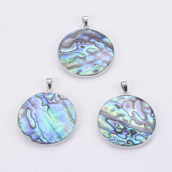 Abalone Shell/Paua Shell Pendants with Platinum Tone Brass Bail Flat Round 45x41x6~7mm Hole: 4.5x8mm