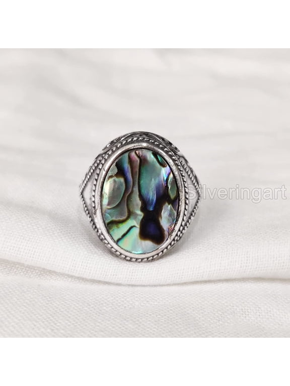 Abalone Shell Ring, Natural Flat Abalone Shell, Gents Ring, Silver Jewelry, 925 Silver Ring, Birthday Gift, Heavy Mens Ring, Arabic Design, Ottoman Style Ring, Christmas, Turkey Mens Signet Ring