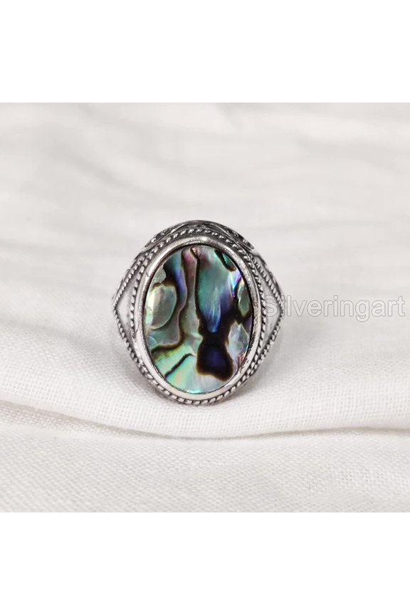 Abalone Shell Ring, Natural Flat Abalone Shell, Gents Ring, Silver Jewelry, 925 Silver Ring, Birthday Gift, Heavy Mens Ring, Arabic Design, Ottoman Style Ring, Christmas, Turkey Mens Signet Ring
