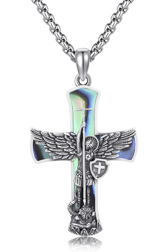 Abalone Shell St Michael Cross Necklace Sterling Silver Archangel Saint Michael Jewelry Gifts for Men