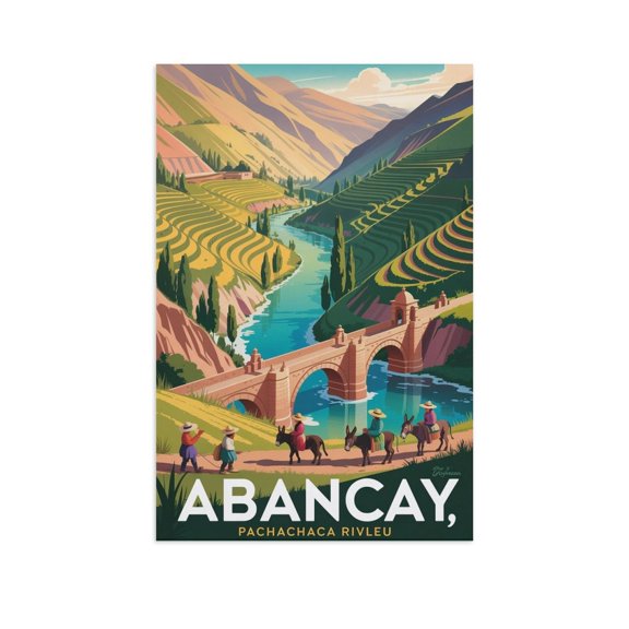 Abancay Peru Vintage City Travel Poster with River Valley And Terraced Farms Print Poster