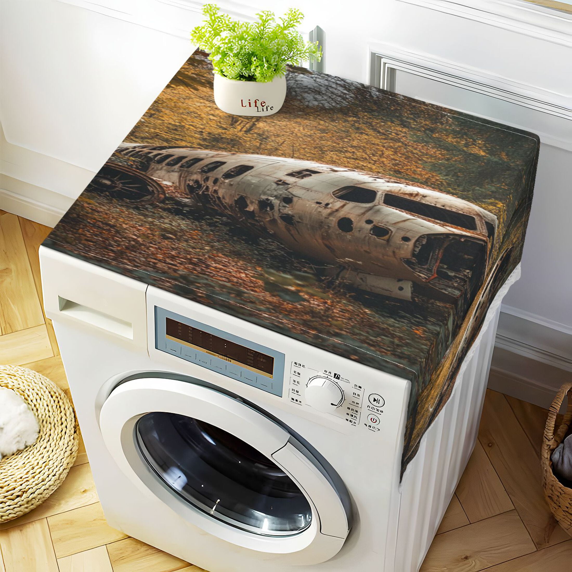 Abandoned AirplaneWasher and Dryer Covers Dust-Proof and Oil Resistant Fridge Cover with 4 Storage Pockets Washing Machine Top Cover for Laundry Kitchen Home 51.2 x 22 In