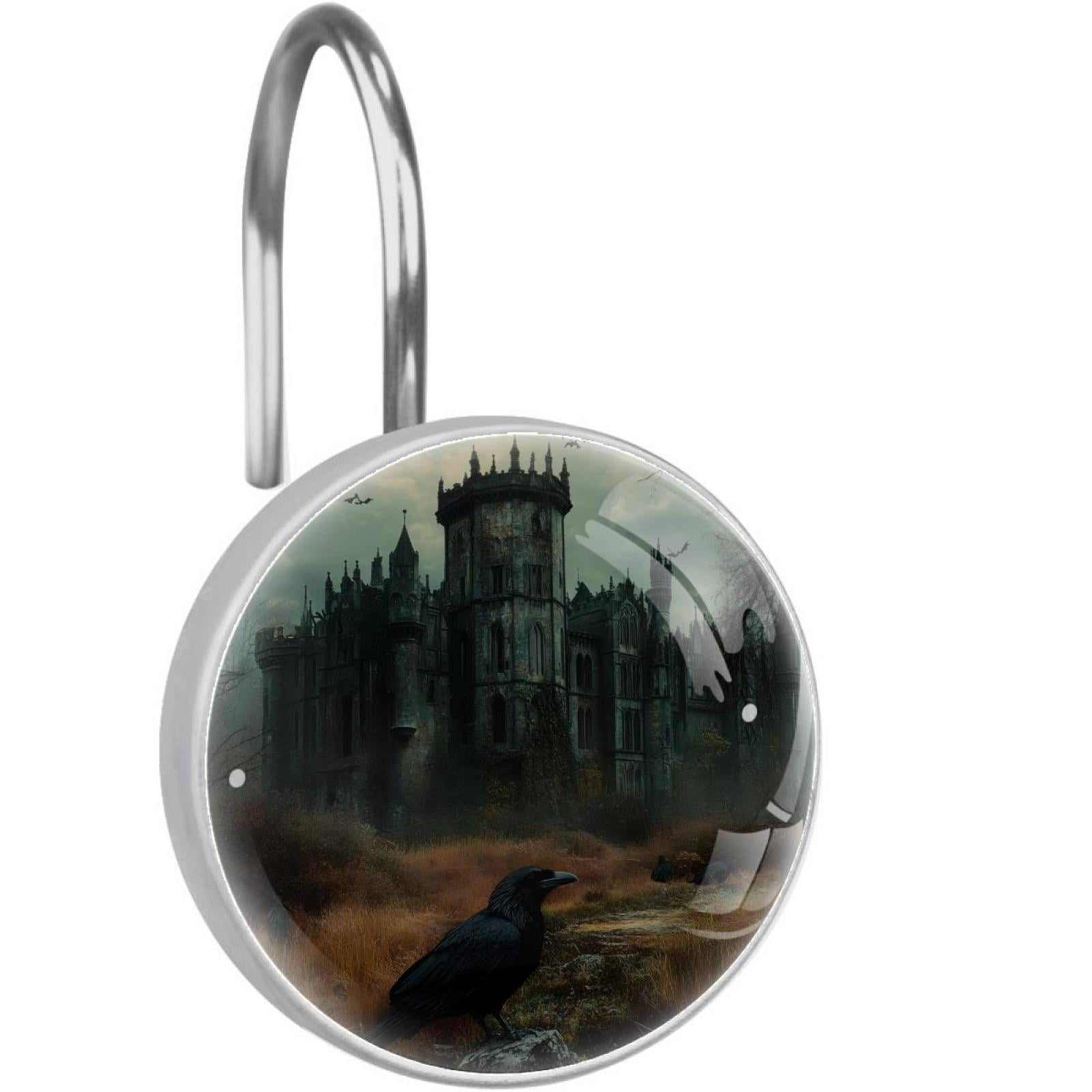 Abandoned Castle Black Crow Shower Curtain Hooks Round Crystal Glass, Set of 12 Shower Curtain Rings - Shower Hooks for Curtain Shower Rings