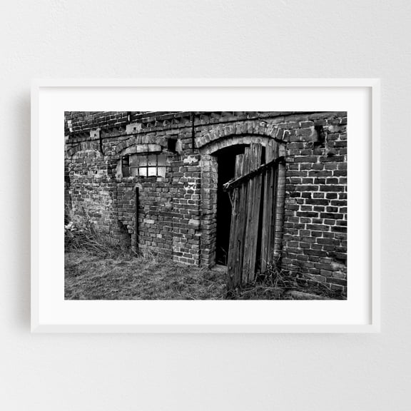 Abandoned Country Barn - Storkow Brandenburg Germany Photography Abandoned Black and White Rustic Architecture Industrial Vintage Moody White Framed Wall Art Print 5 x 7 inches