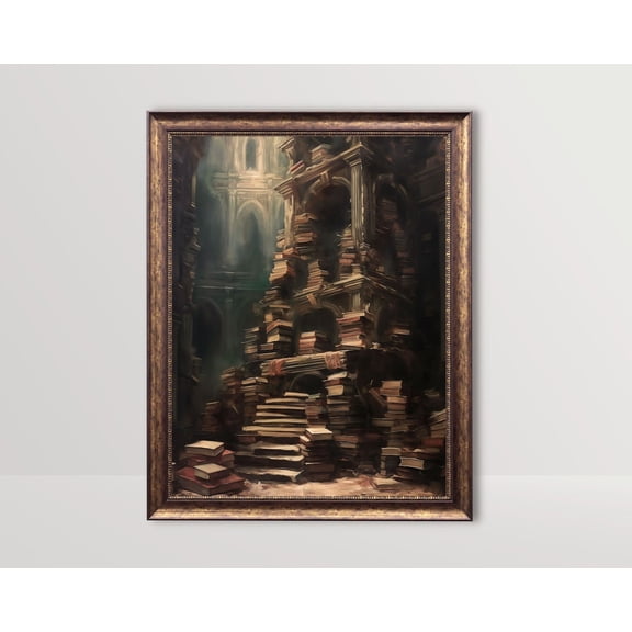 Abandoned Gothic Library, Books Vintage, Dark Academia Decor, Goth Wall Art , Bookish Art Poster, Victorian Aesthetic, Stretched Canvas Size 12x18