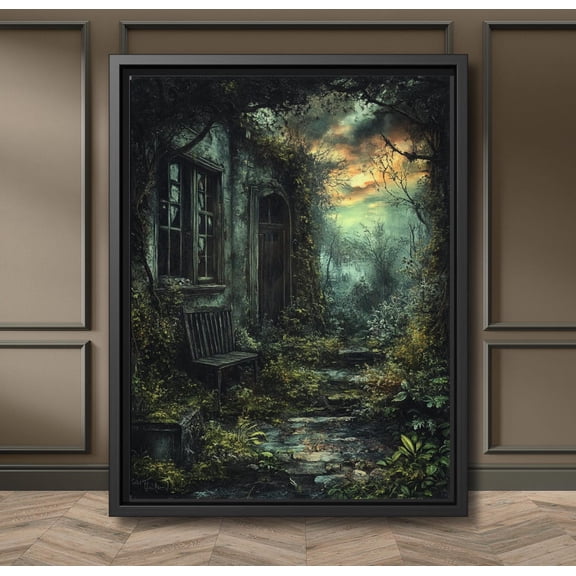 Abandoned Haunted House Wall Art Overgrown Gothic Courtyard Dark Cottagecore Decor Derelict Ruins Garden Moody Sunset Unframed Paper Print
