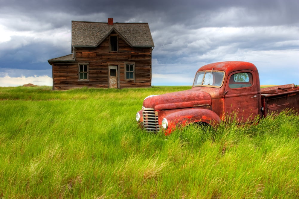 Abandoned Homestead House And Red Pick-Up Truck Southwestern Saskatchewan Canvas Art - Gemstone Images Design Pics (17 x 11)