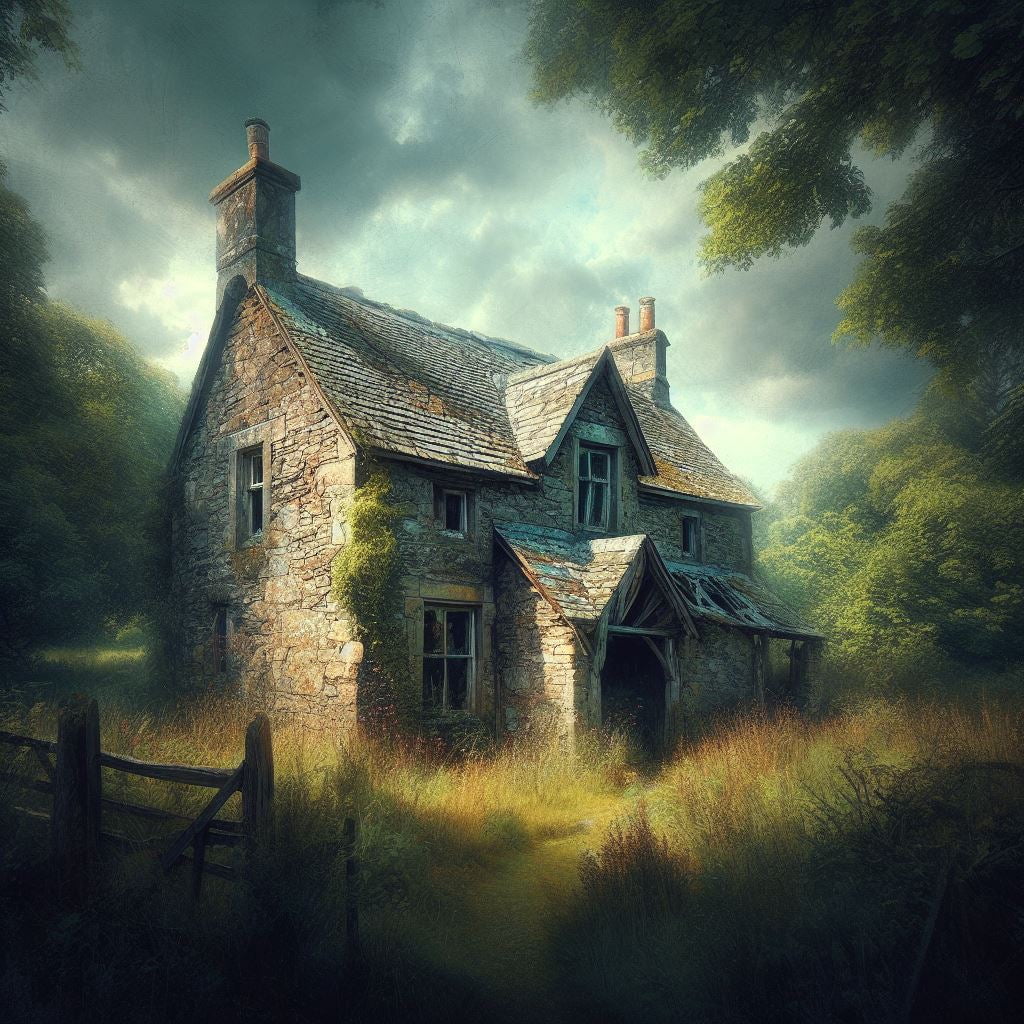 A muted abandoned house painting that evokes reflection and conversation in a modern office space