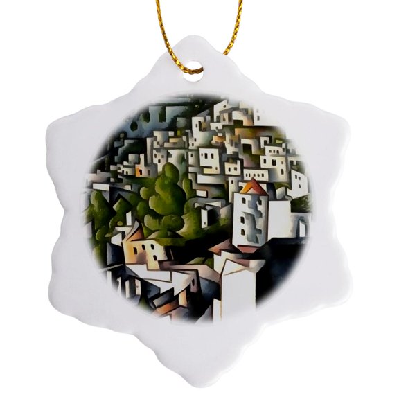 3drose, Abandoned Houses of Kayakoy Abstract Art, 3 inch Snowflake Porcelain Ornament