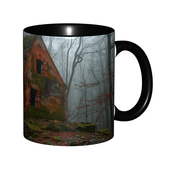 Abandoned Mossy Brick Cottage Misty Dark Winter Forest Ceramic Mug 11oz, Spooky Foggy Woods Old Haunted House Moody Landscape Cup, Microwave Safe Gift for Dark Academia & Horror Fans