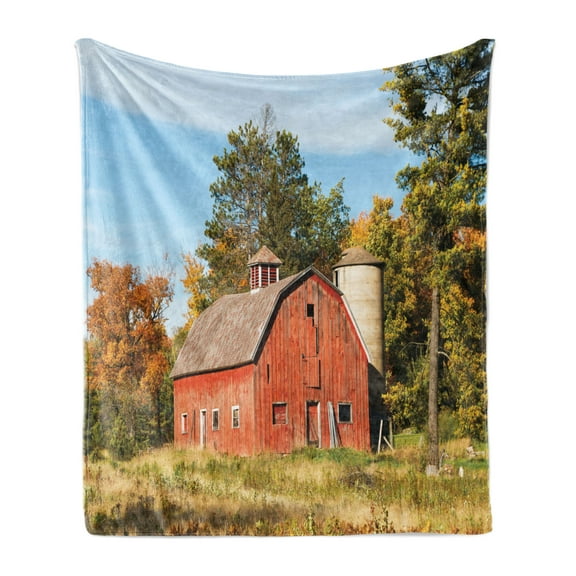 Abandoned Soft Flannel Fleece Blanket, Old Barn with Silo Surrounded by Trees with Colorful Fall Foliage Rural Wisconsin, Cozy Plush for Indoor and Outdoor Use, 50" x 70", Multicolor, by Ambesonne